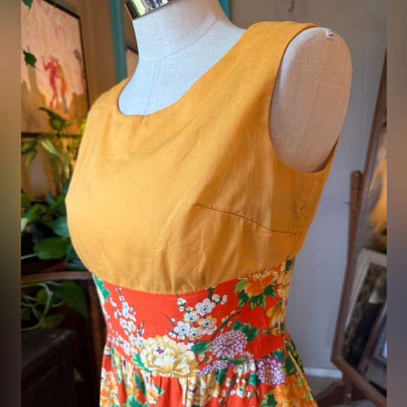 Vintage Orange Floral Fit And Flare Dress, Size Medium - Picture 2 of 12